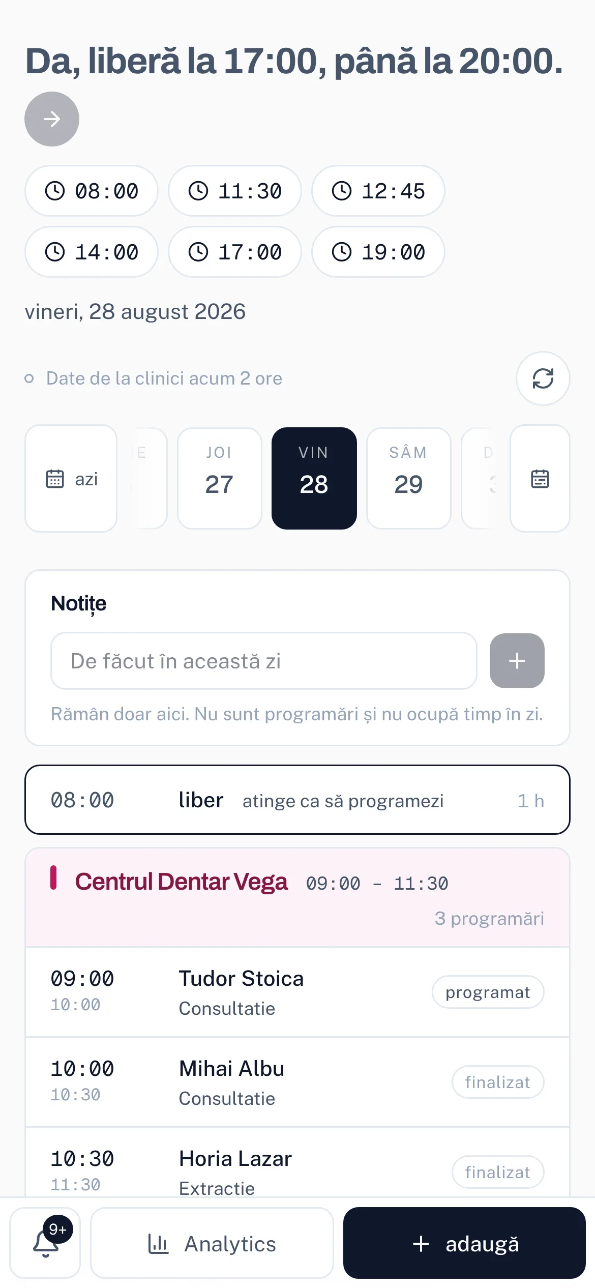 A question typed in Romanian, answered with the free hours offered as chips.