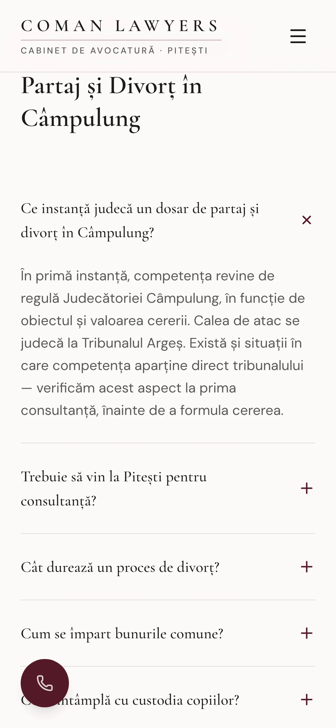 An FAQ accordion with the first question expanded, answering which court hears a divorce and division case in Câmpulung and where the appeal goes.