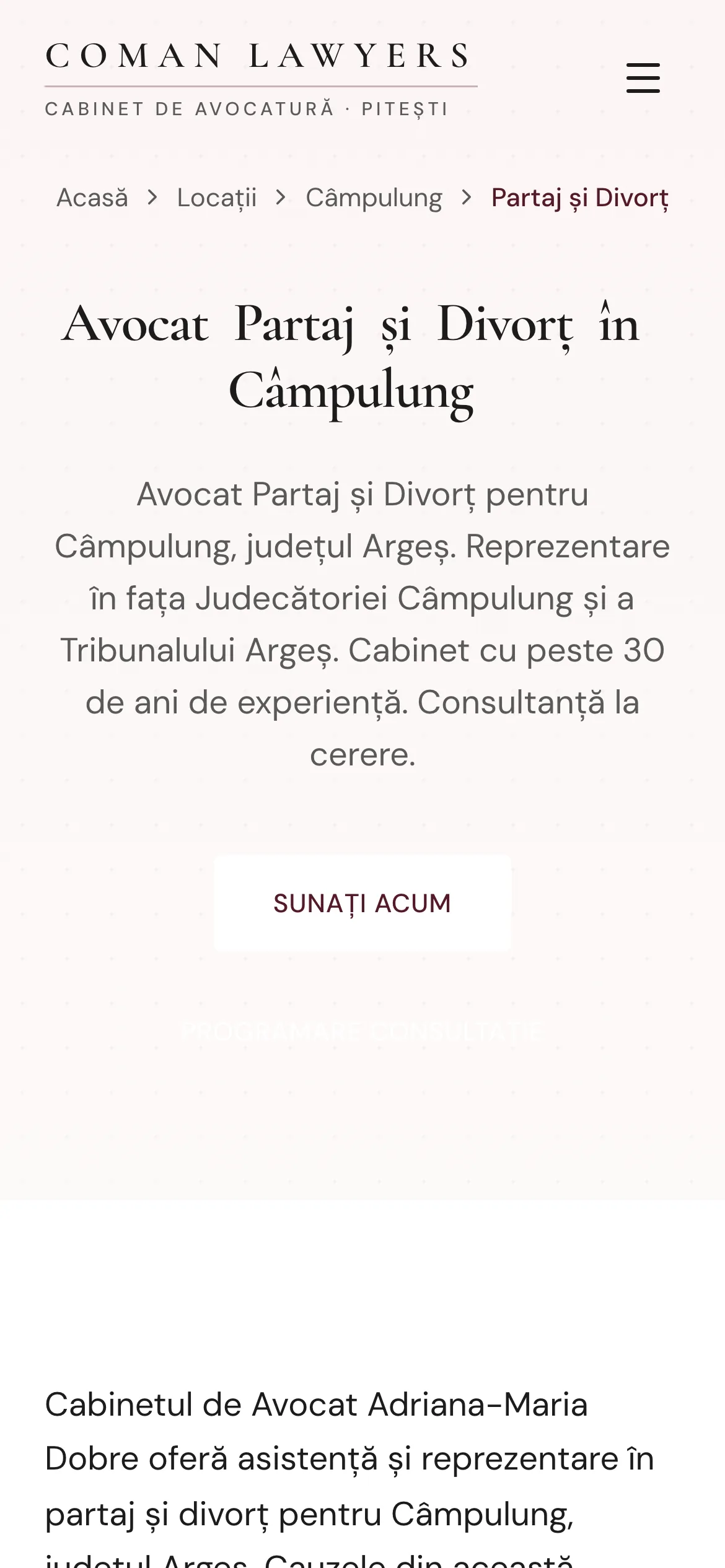 A generated page headed “Avocat Partaj și Divorț în Câmpulung”, with a sub-line naming the local court and the county tribunal, above the opening paragraphs.