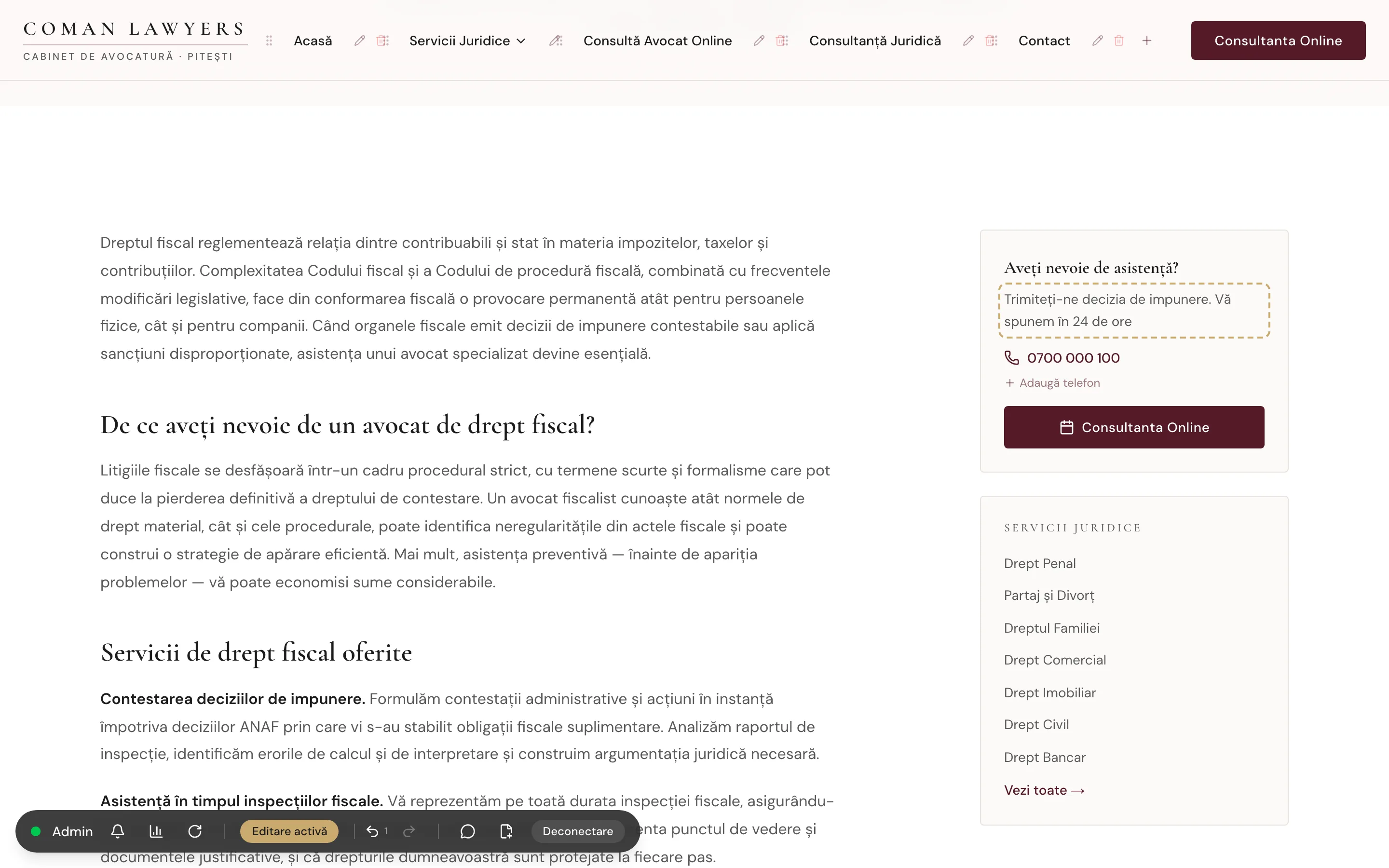 A page in edit mode: a pencil and a layout control beside each nav item, a gold dashed outline around a paragraph mid-edit in the sidebar card, and a dark admin bar at the bottom left.