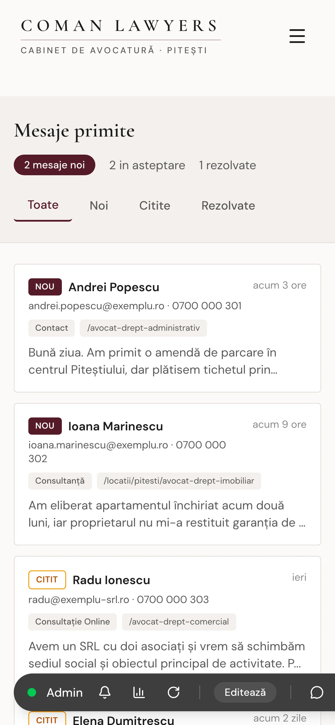 An inbox with filter tabs and a list of message cards, and on the wide capture one message open beside the list with its contact buttons, status dropdown and internal notes field.