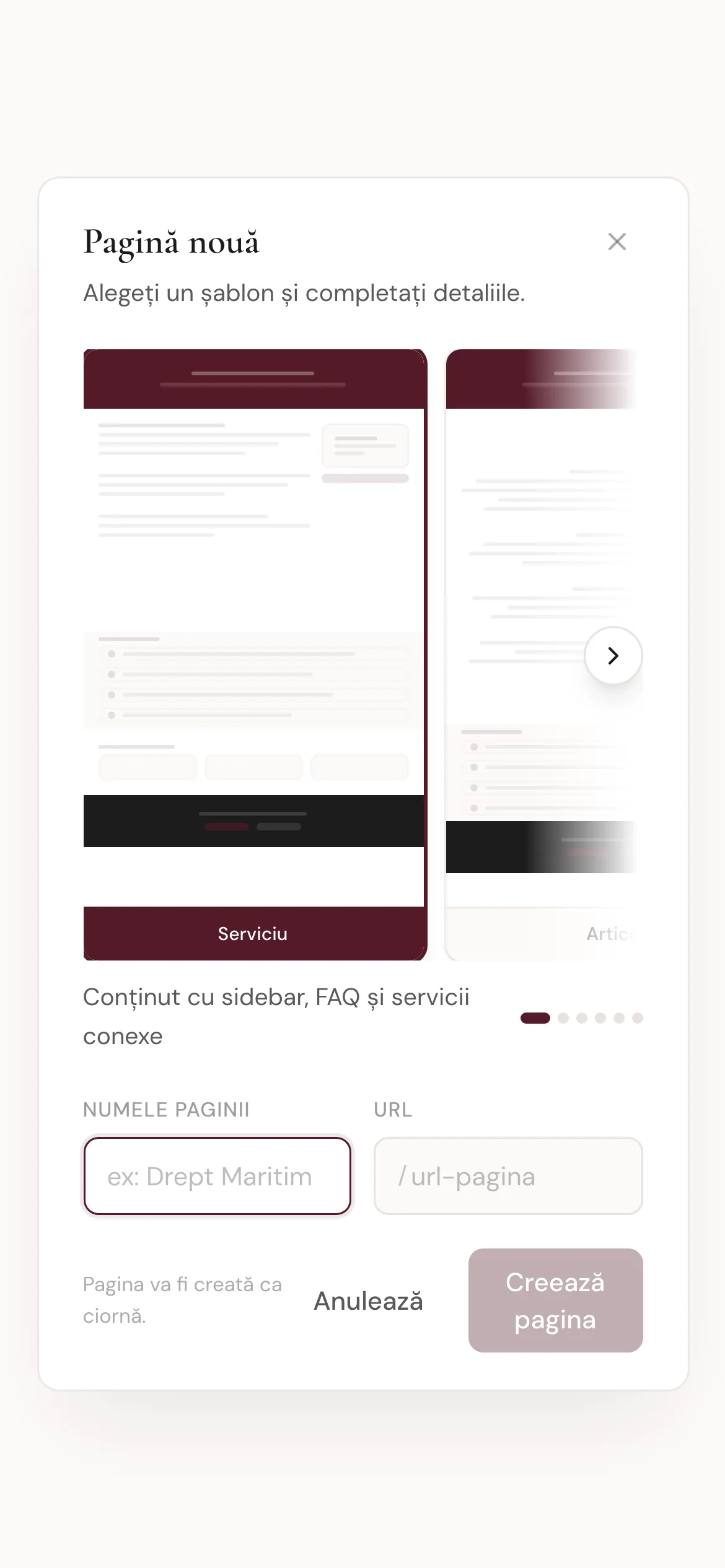 A new-page dialog showing drawn skeletons of page layouts side by side, labelled Serviciu, Articol and Prezentare, with a caption beneath and name and URL fields.
