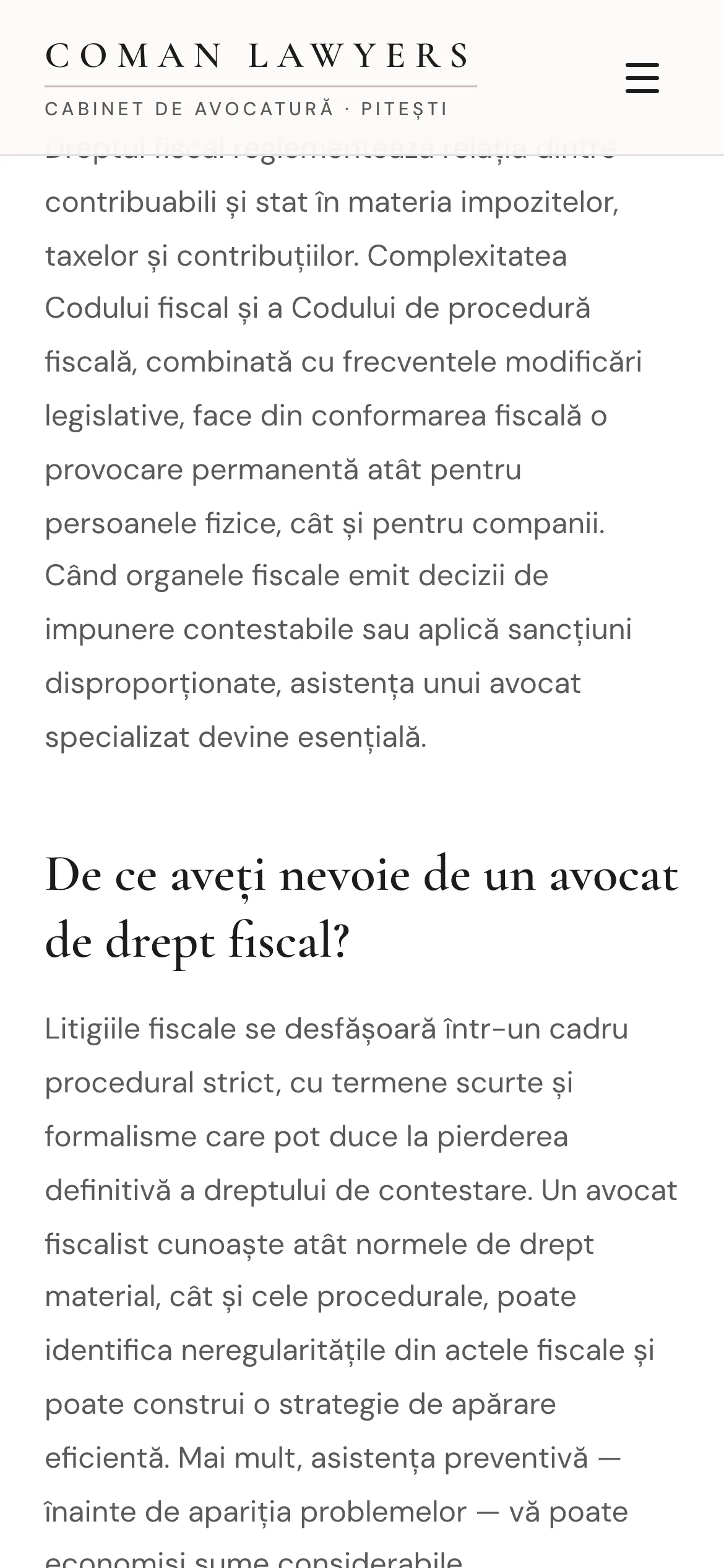 A practice page for tax law: the heading and the opening paragraph on a phone, and on the wide capture the body copy beside a sticky sidebar holding a contact card and the list of the other areas.