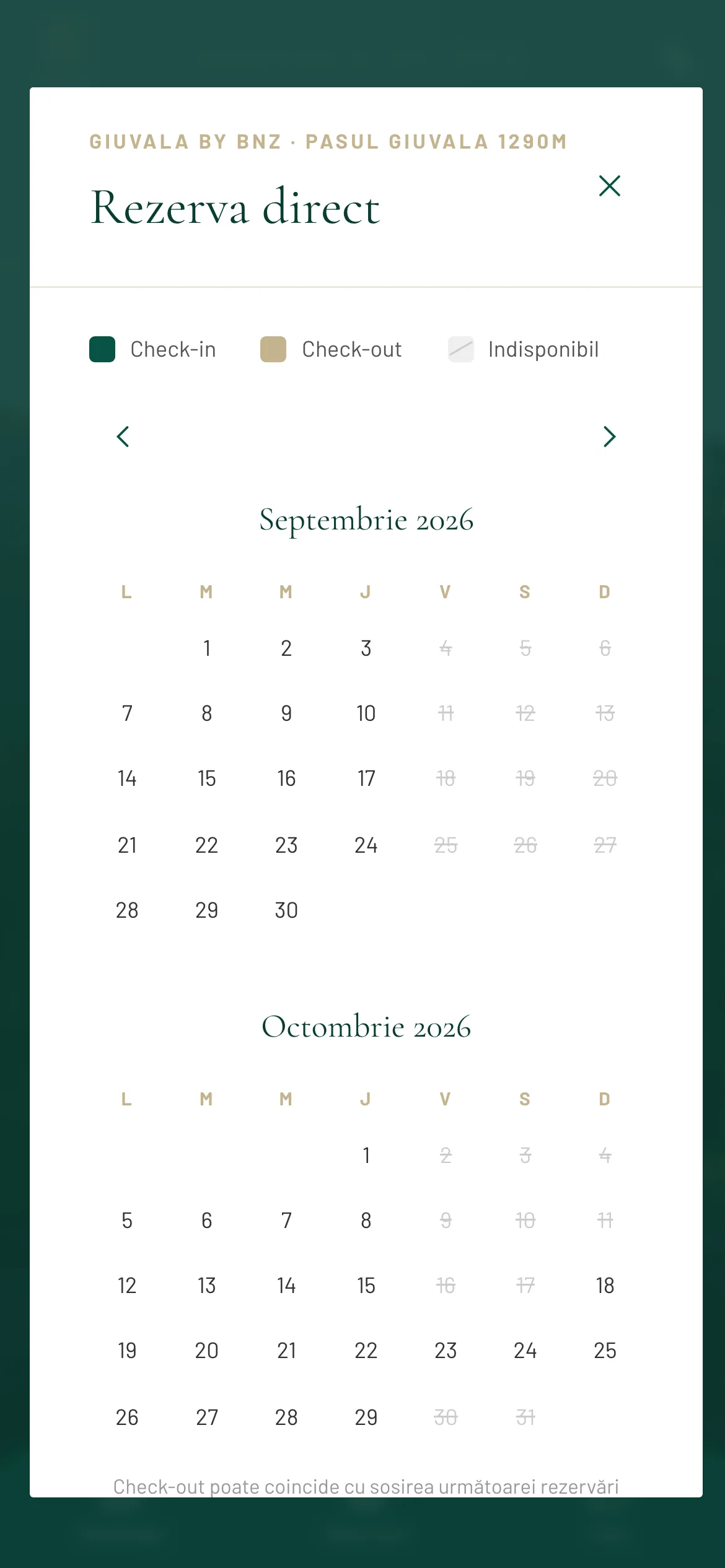 A booking dialog showing September and October 2026 side by side on a laptop and stacked on a phone, with several Friday-to-Sunday runs struck through in grey and a legend reading check-in, check-out, unavailable.