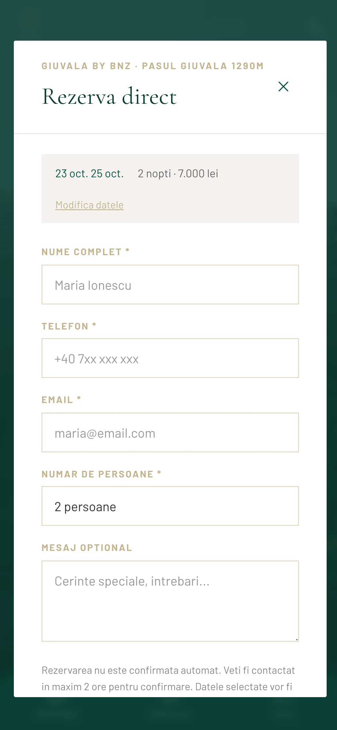 A booking form with an empty name field, empty phone and email fields, a guest count of two and an empty message box, above a back button and a send-request button.