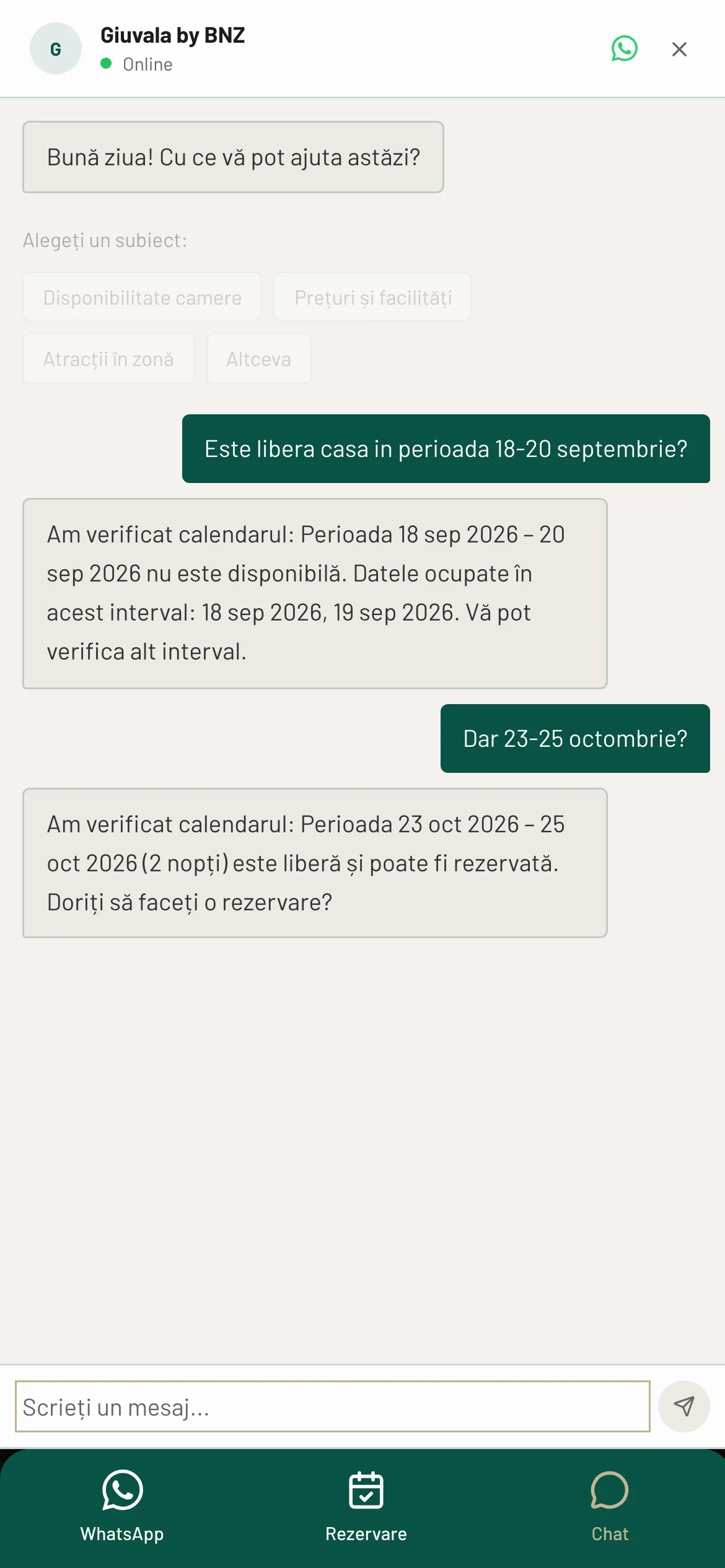A chat panel holding two exchanges: 18 to 20 September answered as unavailable with the occupied nights named, and 23 to 25 October answered as free. On the phone the panel takes the whole screen.