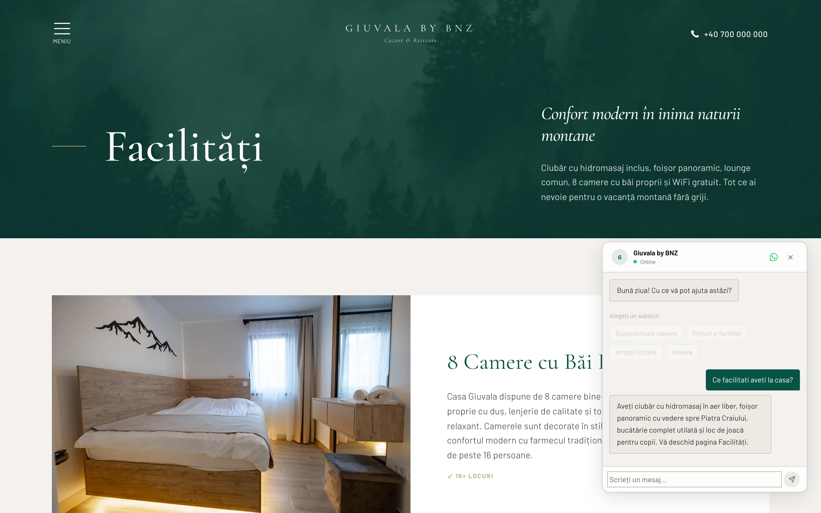 A facilities page with a chat panel docked at the lower right: a greeting, four topic buttons, a question about what the house offers, and an answer ending with a line about opening the facilities page.