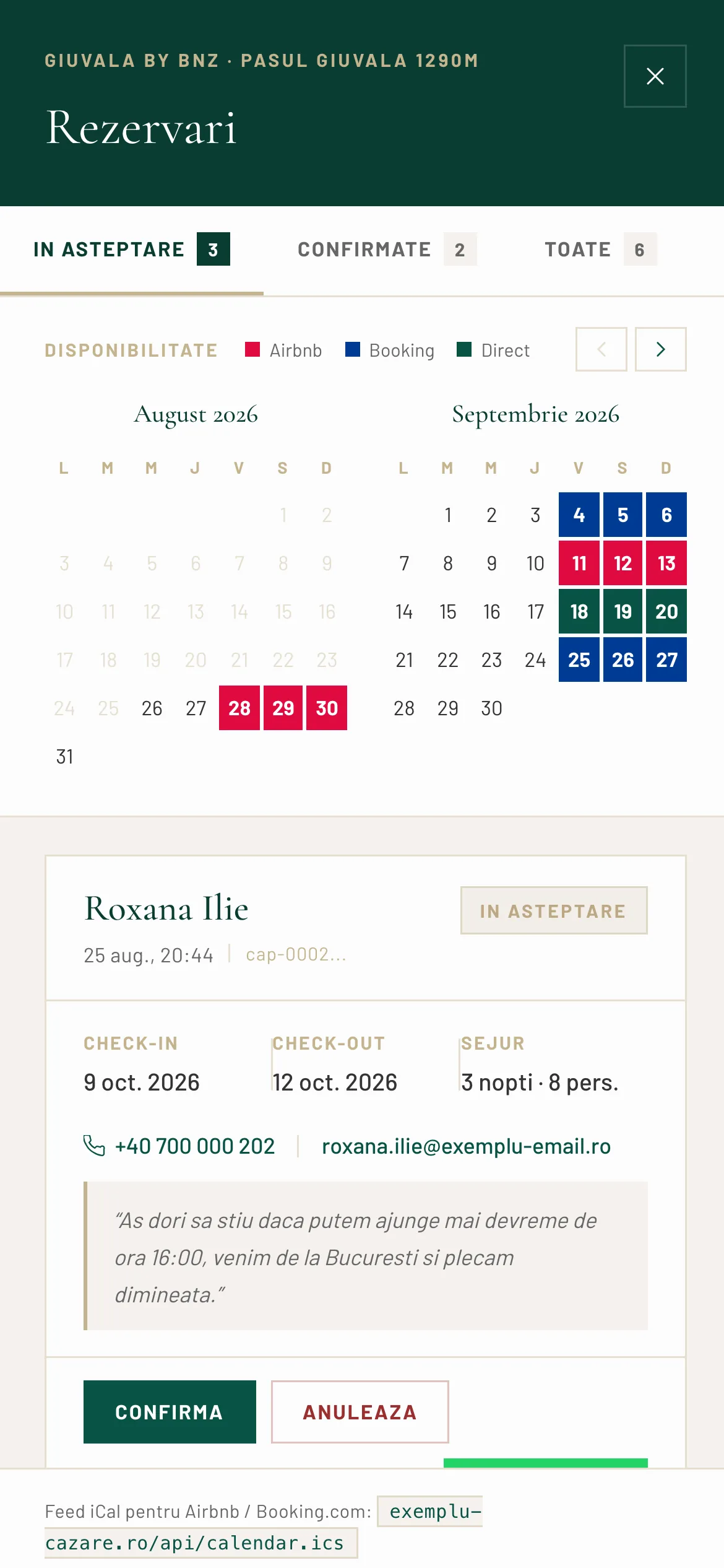 A reservations panel with tabs counting pending, confirmed, cancelled and total, a two-month availability calendar colour-coded red, blue and green with an Airbnb, Booking and direct legend, and a booking card beneath it.