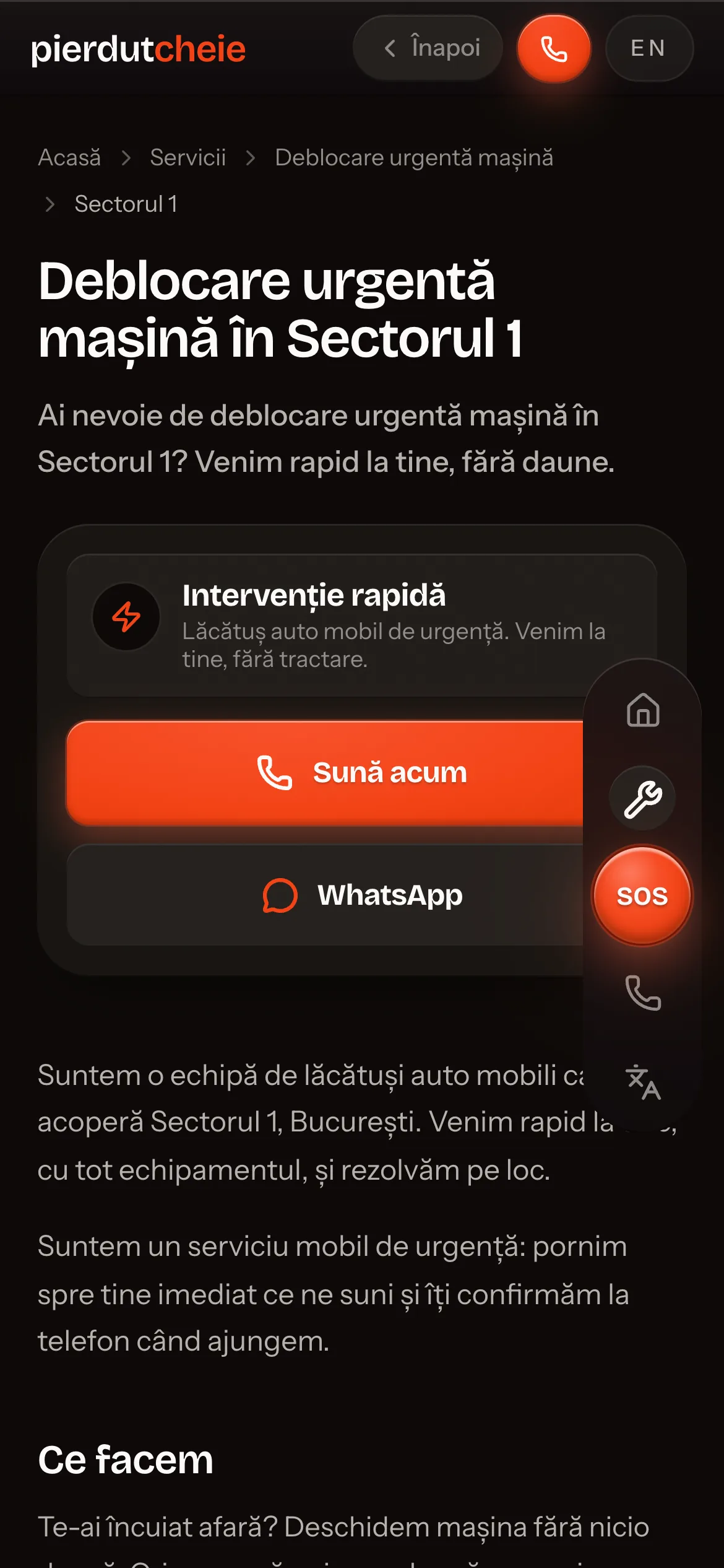One generated landing page: a breadcrumb, the heading “Deblocare urgentă mașină în Sectorul 1”, a one sentence answer, and a card headed Intervenție rapidă carrying Sună acum and WhatsApp.