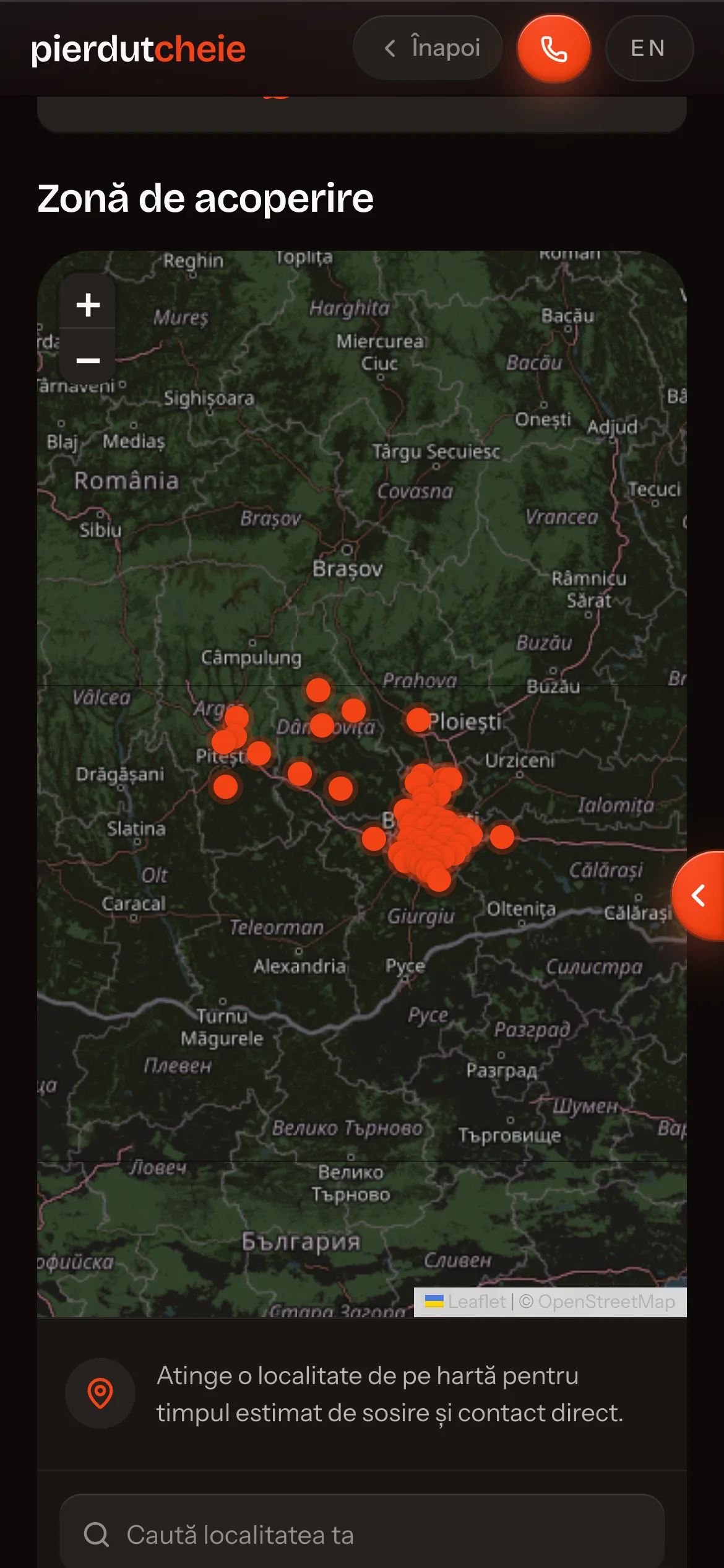 The coverage map: OpenStreetMap tiles under 53 pins across Bucharest and the county around it, with a search box and a distance sorted list of places beside it, each row tagged Rapid or La cerere.
